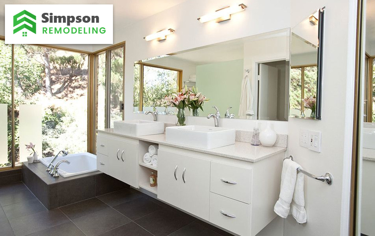 Contemporary bathroom with double vanity and LED lighting